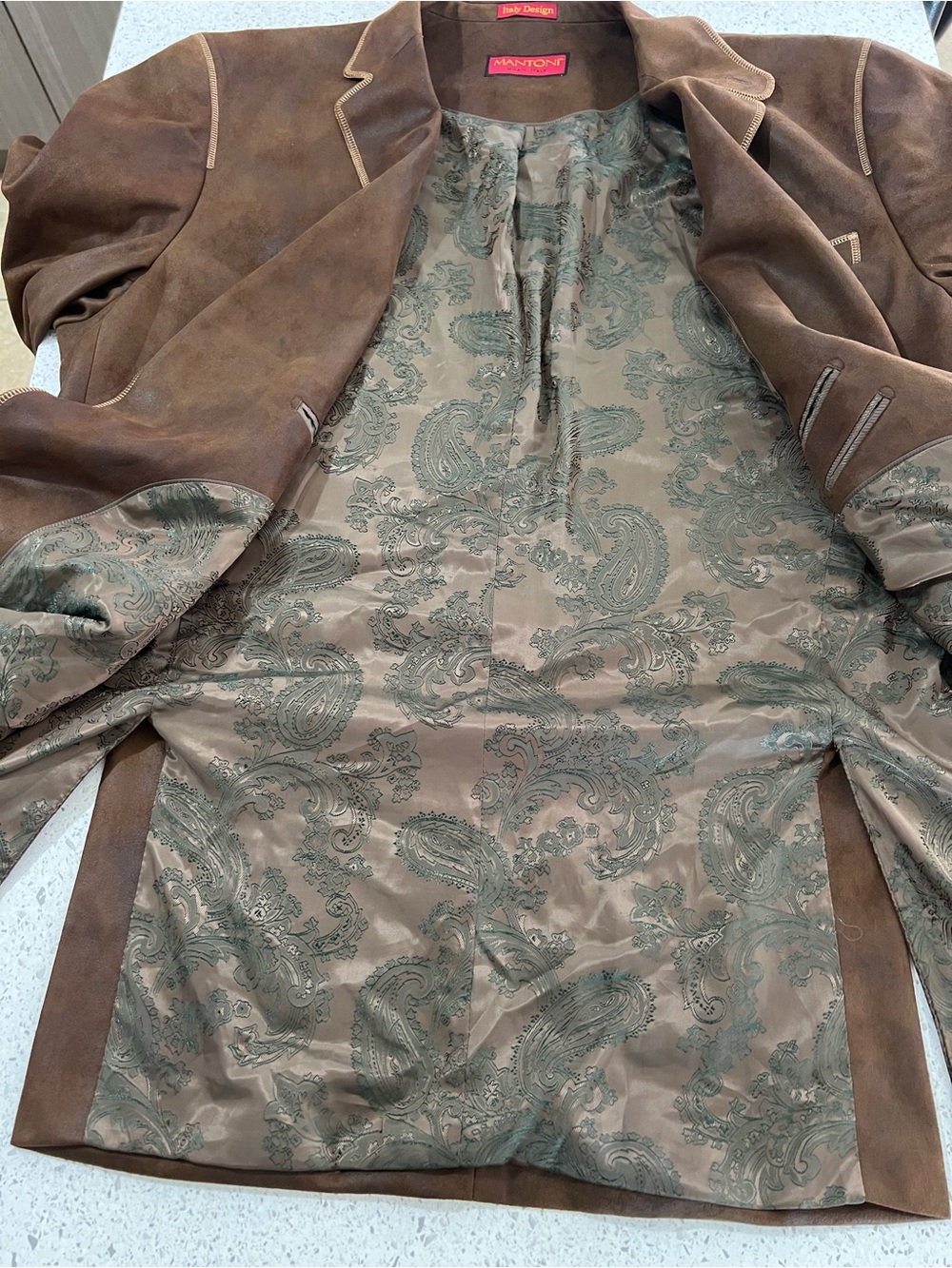 MANTONI Men Brown Faux Suede Blazer  Contrast Stitching Size 50 L Italian Design